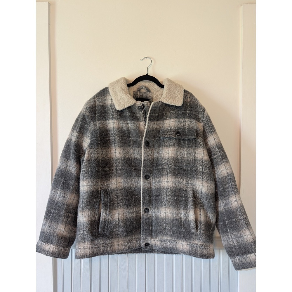 Lucky Brand Plaid‎ Trucker Coat Men XL Gray Shearling Wool Chore Western Jacket